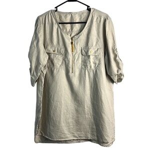 Ellen Tracy 100% Linen Tan Tassel Pocket Front Top Blouse